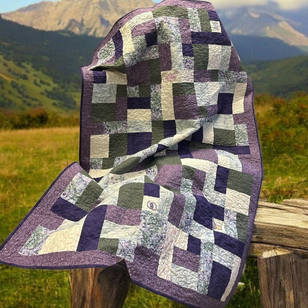 Vtg 2001 Handmade Patchwork Purple Quilt Quilted celebrating Names Poudre 68x45”